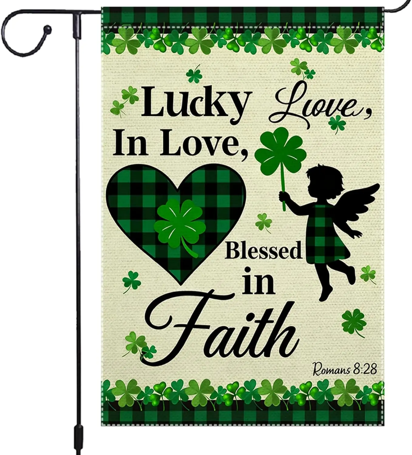 St Patrick's Day Garden Flag 12x18 Inch Double Sided Burlap Flag Lucky In Love Blessed In Faith Shamrock Heart Angel Out YYQ GGO