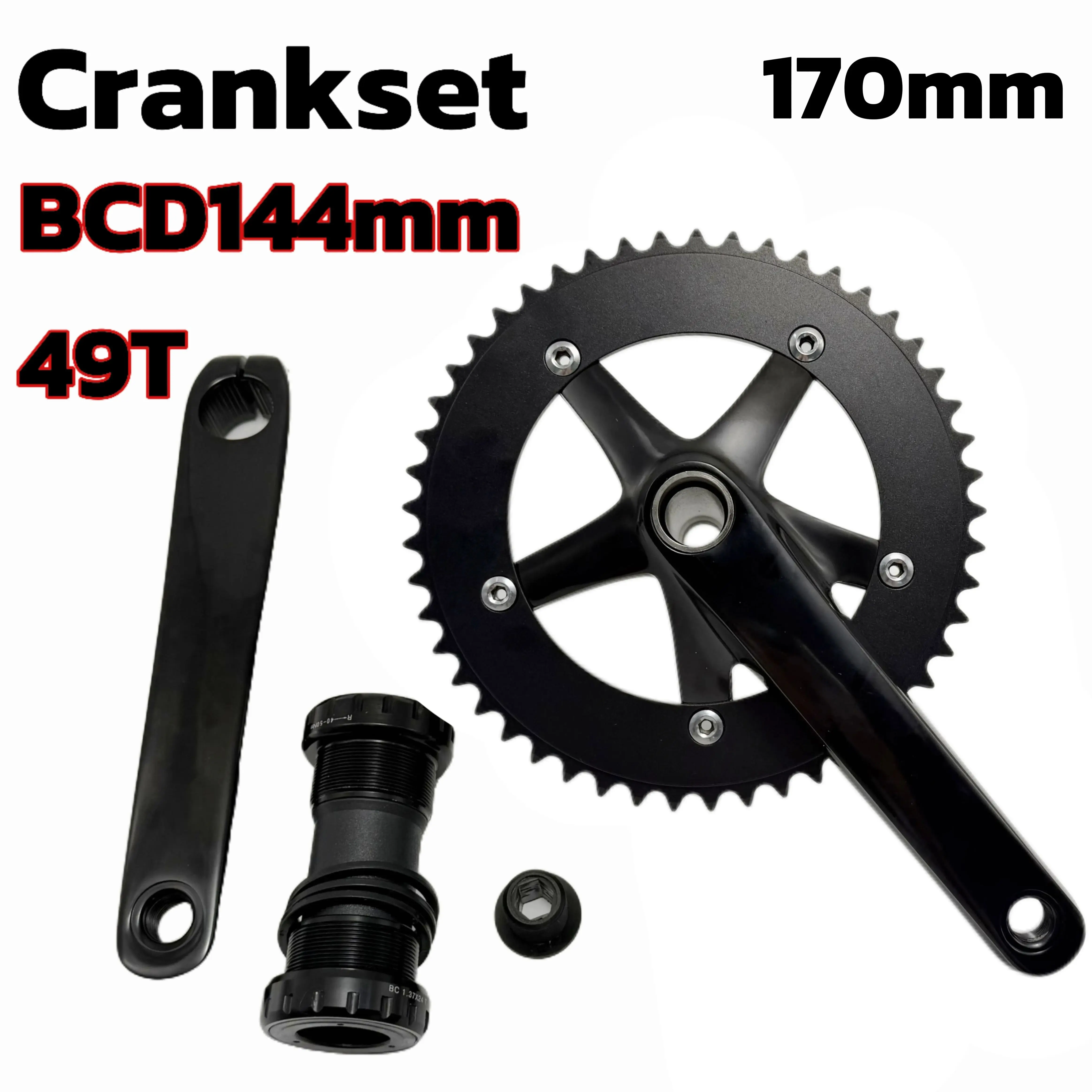 Fixed Gear Crankset 49T 170mm BCD144 Aluminum Alloy Single Speed Track Bike Hollow Integrated Chainring Crank Arms
