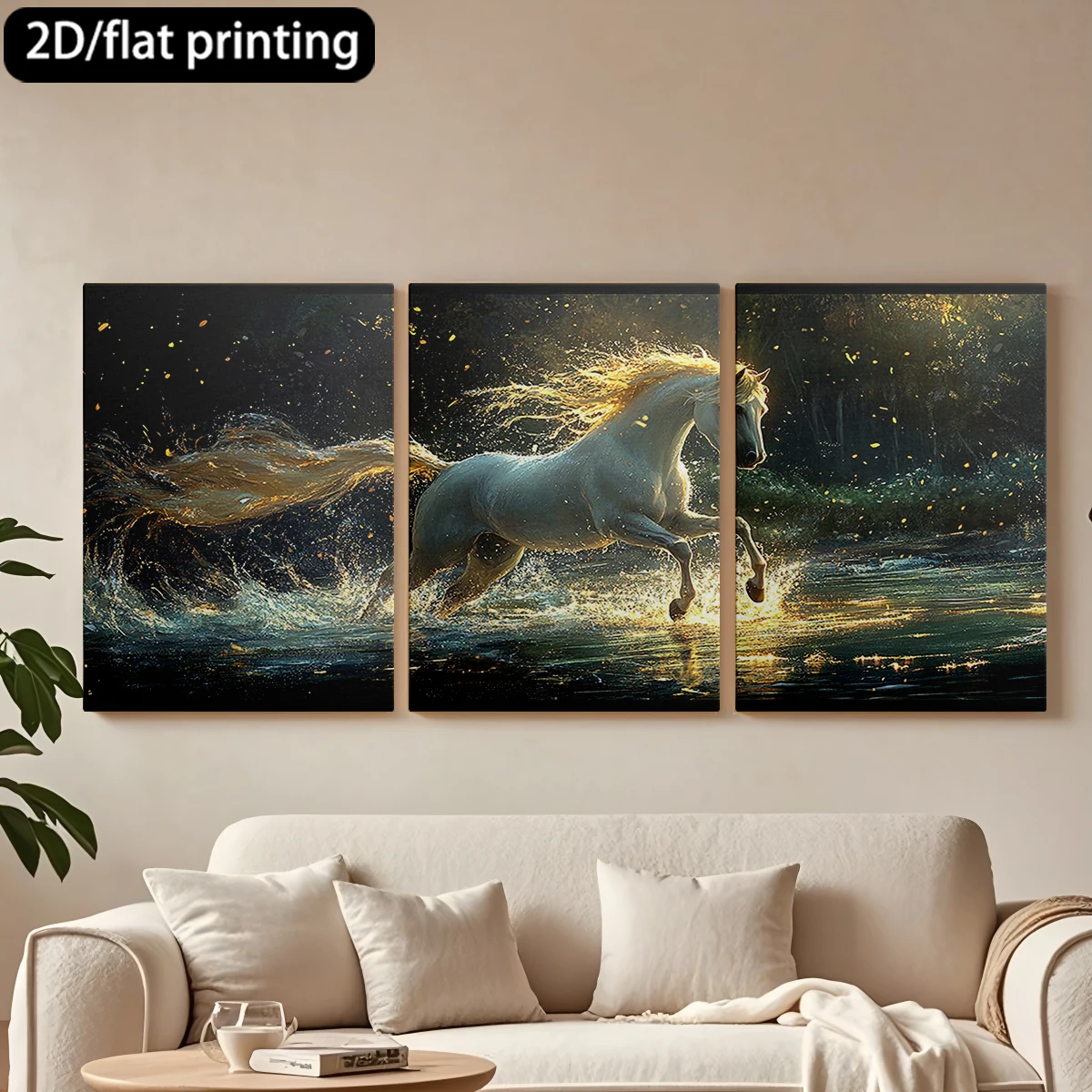

2D плоская печать, 3-х частная картина на холсте в деревянной раме, декоративная живопись: Белый конь, скачущий по воде. Декор для коридора и спальни.