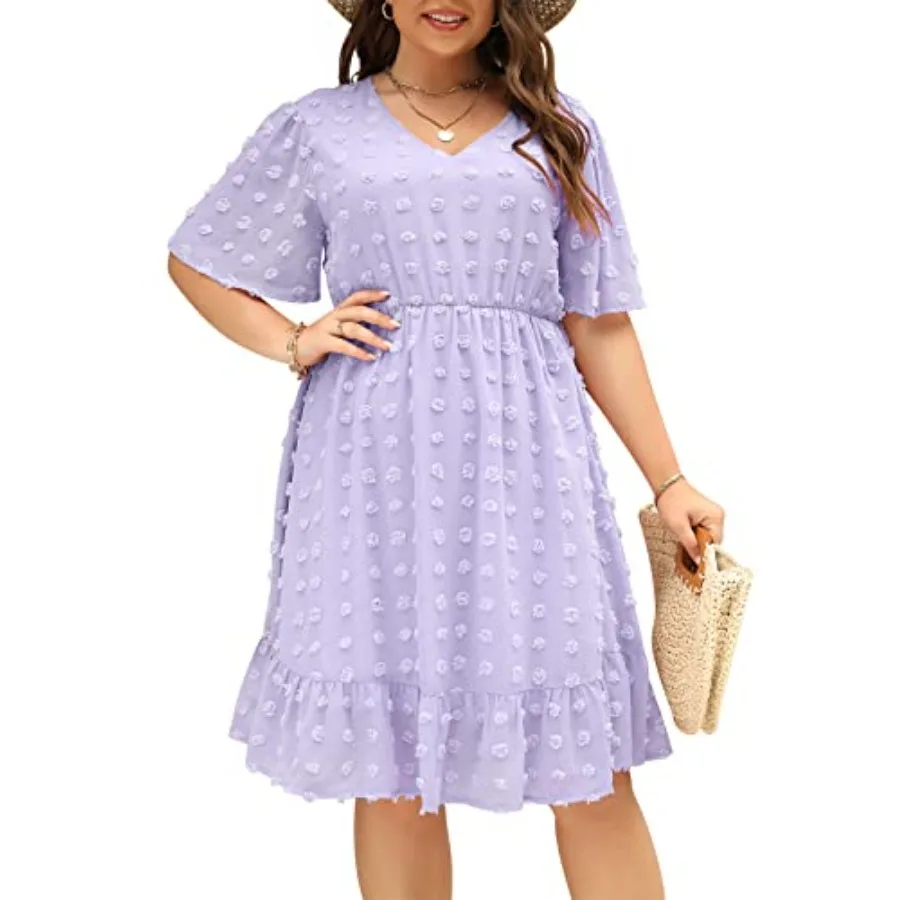 

Keluummi Plus Size Wedding Guest Midi Dresses for Curvy Women Casual Summer Swiss Dot Baby Shower Dress with Sleeve