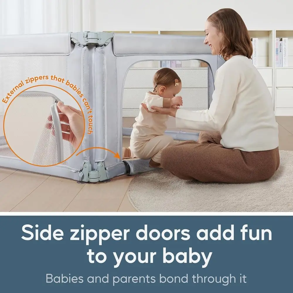 روضة أطفال قابلة للتعديل مقاس 47 × 47 باللون الرمادي مع 360 درجة °   شبكة، ساحة لعب داخلية/خارجية للرضع والأطفال الصغار