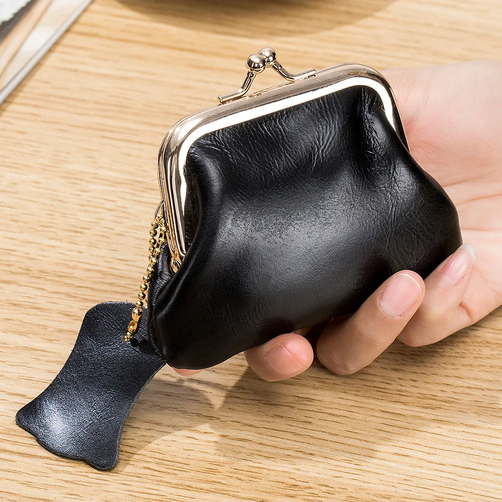 

New Compact Retro Clip Coin Purses for Women European American Top Layer Oil Wax Cowhide Coins Storage Small Mini Bag Pouches