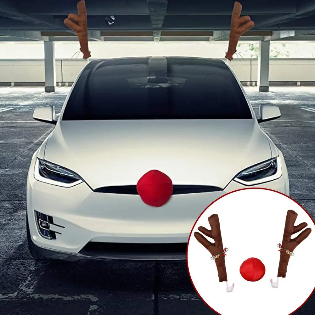 

Red Nose Reindeer Antlers Design Car Trim Kits Car Exterior Decoration Set Christmas Antlers Short Plush Suitable For All Cars