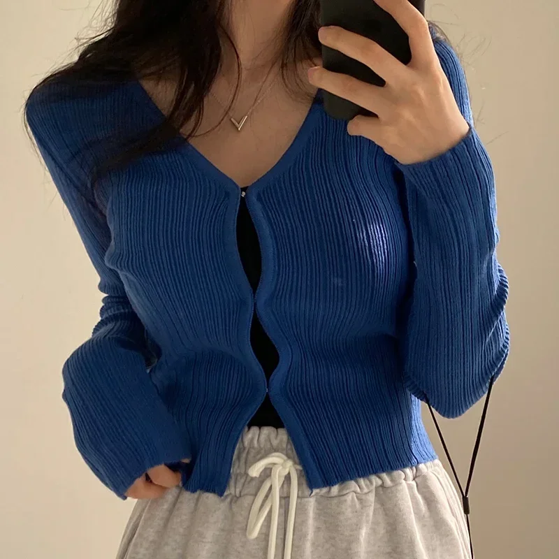 Ezgaga Cropped Cardigan Women V Neck Covered Button Solid Stretch Thin Spring Long Sleeve Knitted Tops Casual Lady Sweater