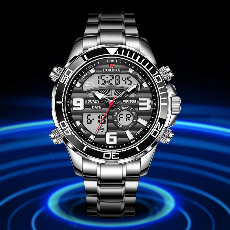 FOXBOX Electronic Man Watch Dual Time Fashion Casual Sport Alarm Waterproof Luminous Quartz Watches Male Digital Chronograph+Box