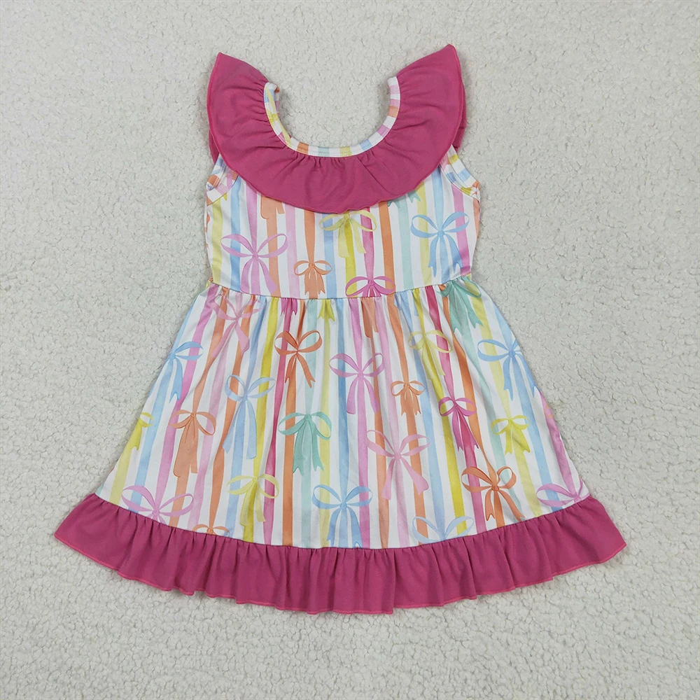 

Baby Girls Colorful Stripe Bows Knee-Length Dress Sleeveless Ruffle Detail Girls Dress for Special Occasions