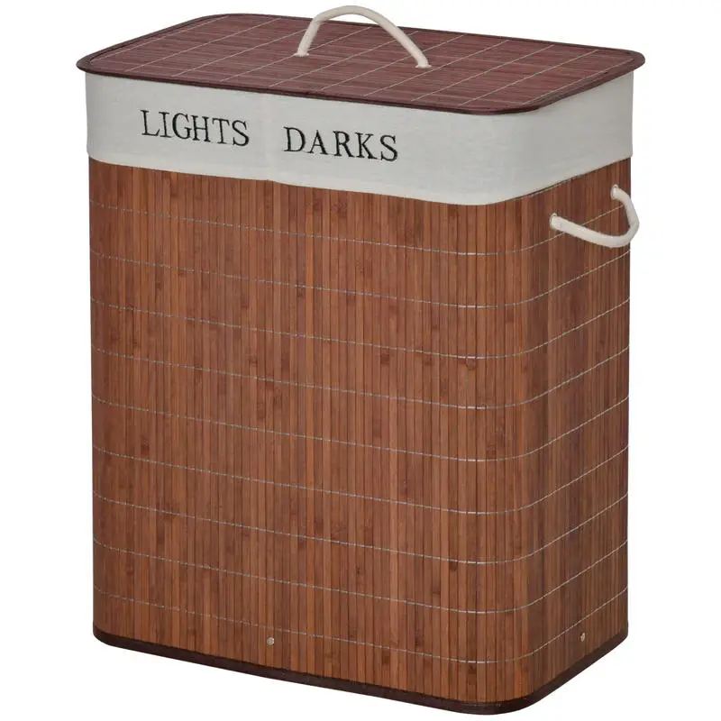 

HOMCOM Bamboo Laundry Basket with Lid and String Handles, Collapsible Laundry Hamper with 2 Removable Bags, Brown