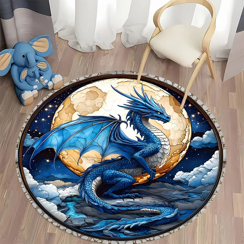 

Majestic Blue Dragon Rug for Fantasy Rooms round carpet for home sofa bedroom, gift