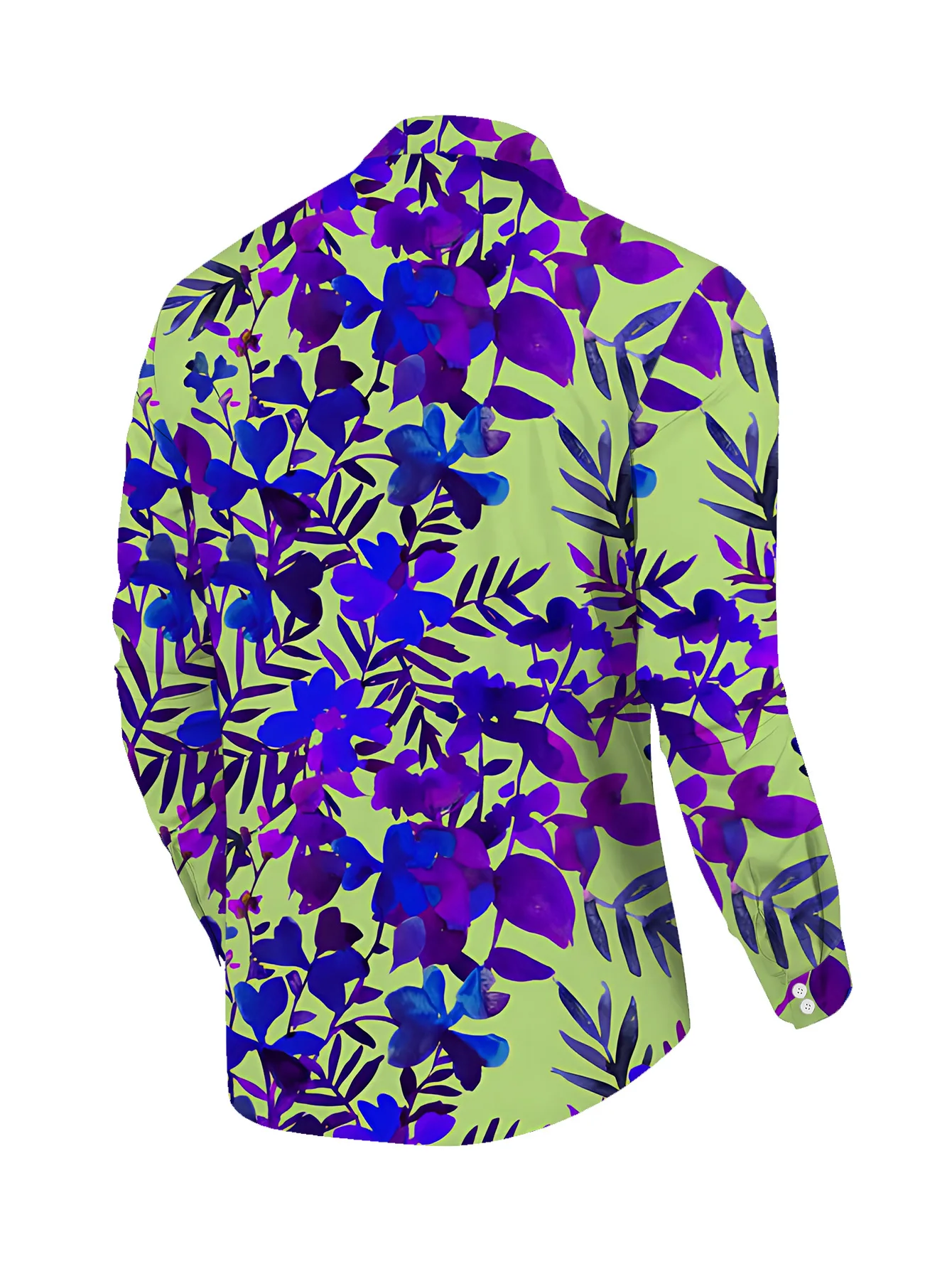 Men Long Sleeve Button‑Up Shirt Green Base Purple Blue Tropical Floral Leaf Vacation Casual Tops