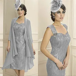 Mother of the Bride Dresses Elegant Grey Lace Pantsuit 2 Pieces Beaded Plus Size for Wedding Party Guest Dress with Jacket 2022