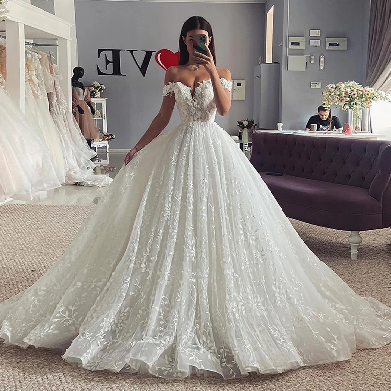 Vestidos De Novia elegantes De encaje para mujer, Sexy, hombros descubiertos, hermosos Vestidos De Novia De princesa, Vestidos De Novia formales para fiesta en la playa