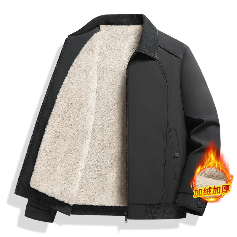 Men's Autumn/Winter Warm Oversized Jacket Cozy Thickened Windproof Flannel Lapel Zip-Up Coat for Comfortable Wear