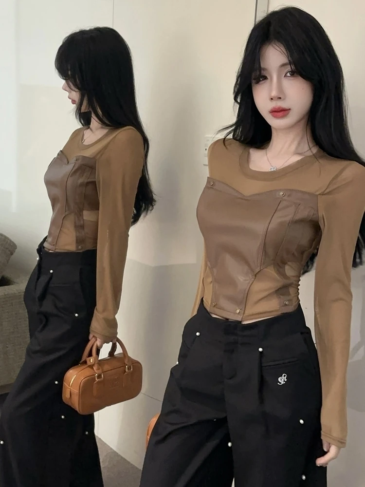 PU Leather Fake Two-piece Long-sleeved T-shirt Women's Autumn American Style Hot Girl Fish Bone Top High-grade Mesh Base Shirt