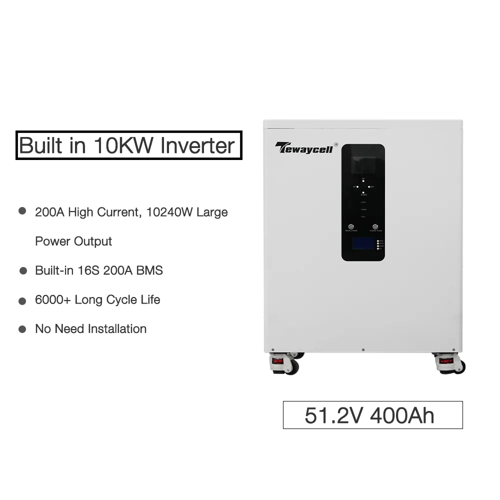 Tewaycell Built in 10KW Inverter 51.2V 400Ah Lithium 20KWH Battery Mobile Solar Energy Storage System All in One Power Wall