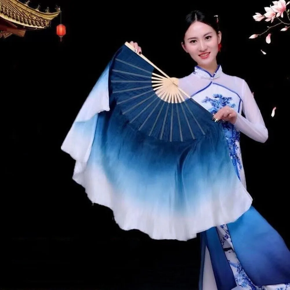 New Half Circle Classical Dance Fan Long Silk Chinese Traditional Hand Dye Folding Fan Performance Fan For Women