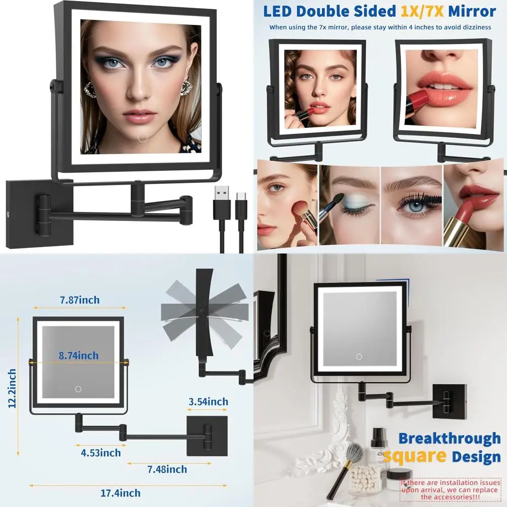 Espelho de maquiagem LED dupla face com 360 °   Rotação, escurecimento de tela sensível ao toque, ampliação 1X/7X, preto fosco