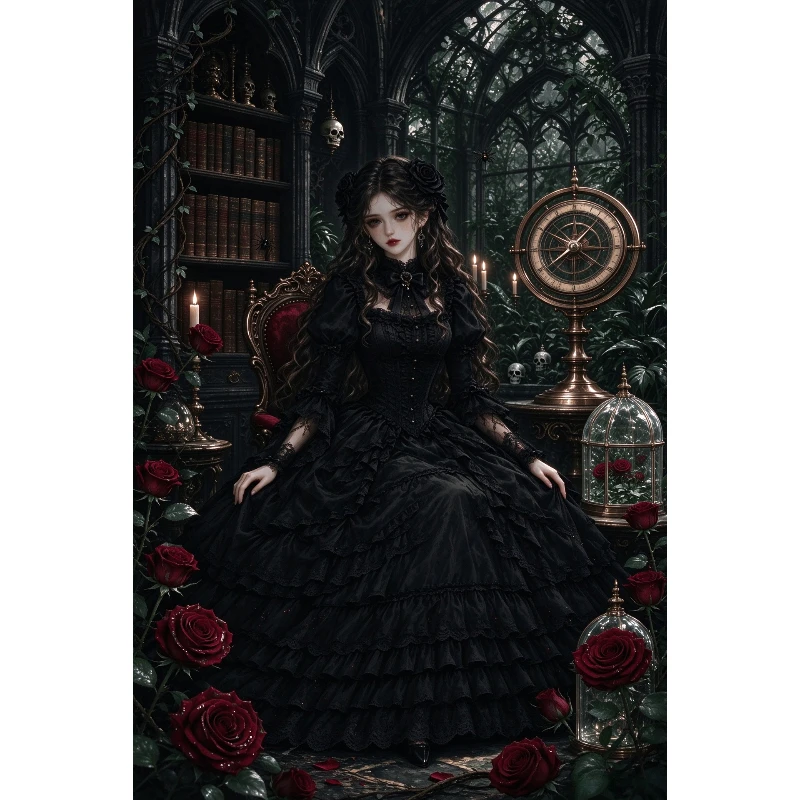 5D DIY Diamond Painting, Gothic Lolita Maiden In Dark Library, Red Roses And Vintage Astronomical Clock, Home Wall Decor Gift