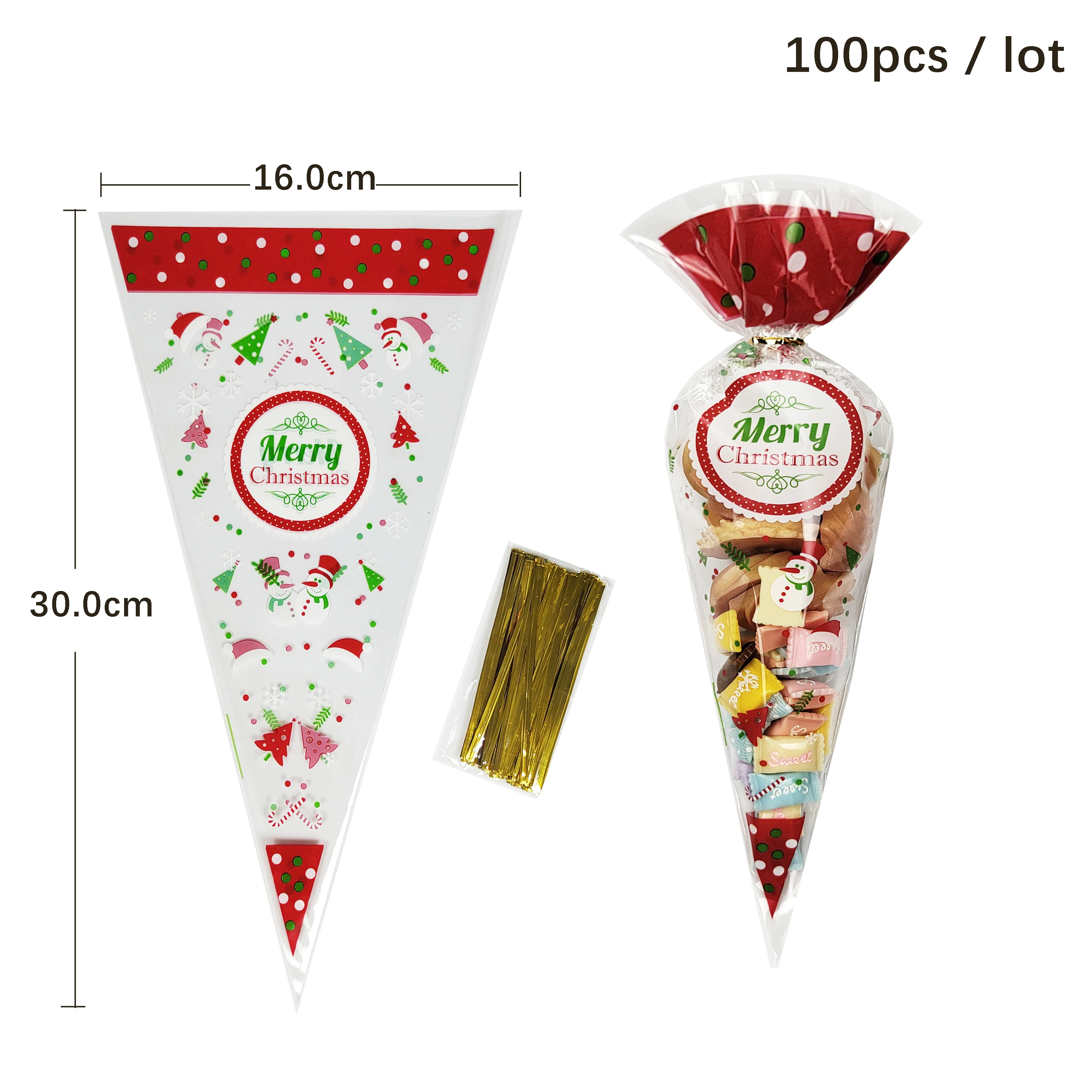 100 Stück Weihnachtsgeschenktüten Weihnachtsmann Schneeflocke Süßigkeiten Keks Kegel Tasche Kunststoff Xmax Verpackung Lieferungen Weihnachtsdekoration 2024 – Detail 4