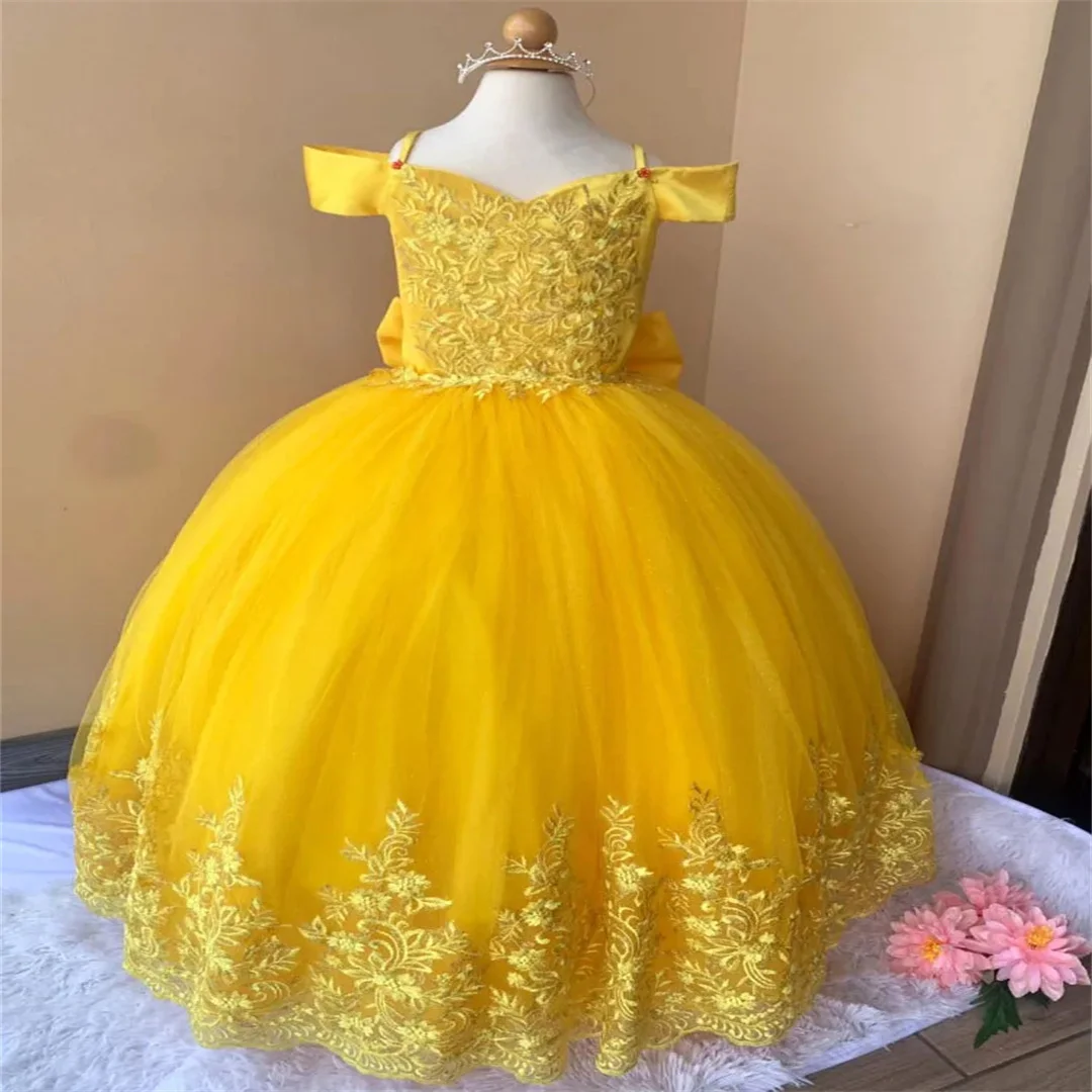 

Customized Tulle Lace Floral Appliques With Bow Yellow Flower Girl Dress For Wedding Birthday Evening Prom Banquet Princess Gown