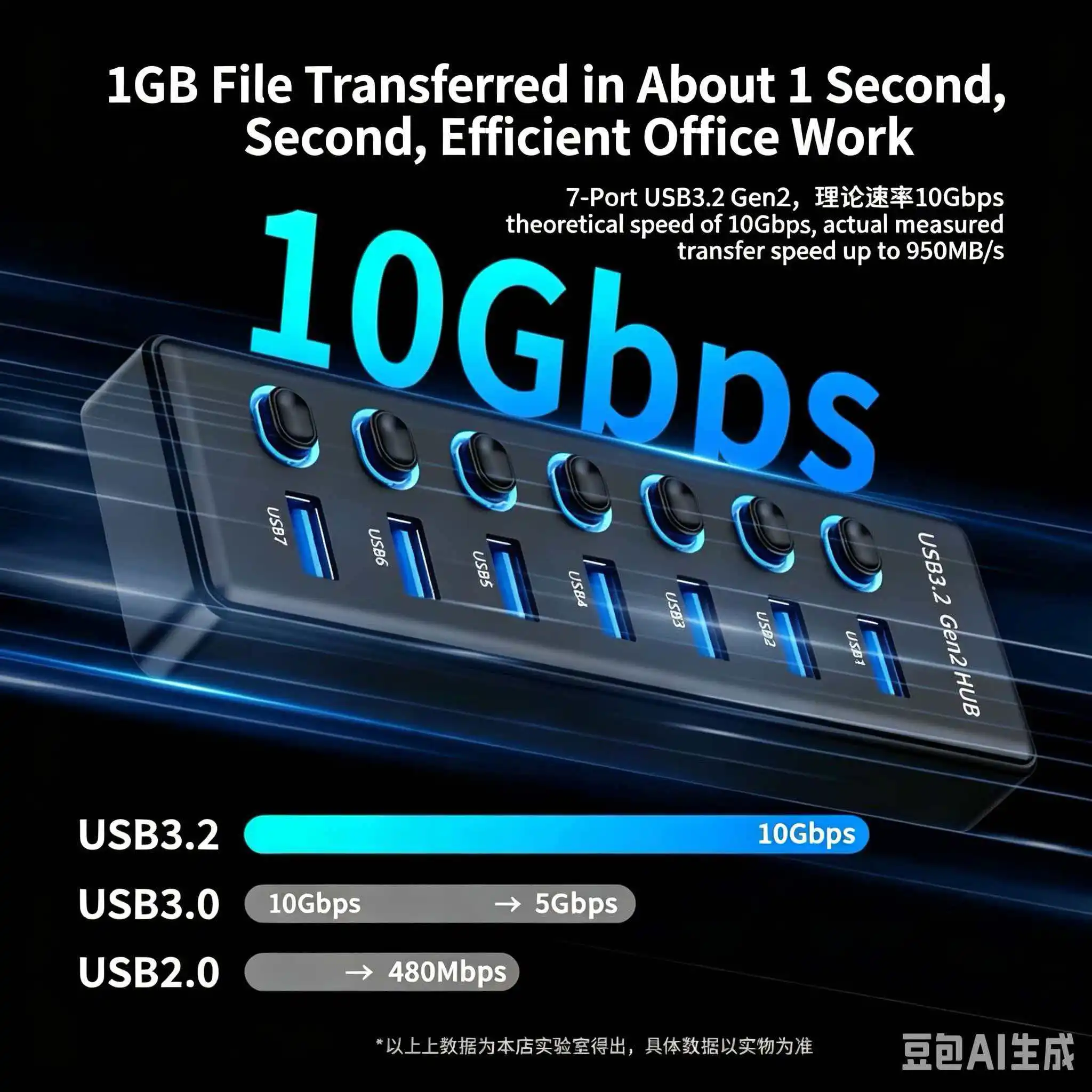 7 Ports USB3.2 Gen2 Hub 10Gbps High‑Speed USB Splitter Independent Switch DC Power Port for Notebook Hard Disk