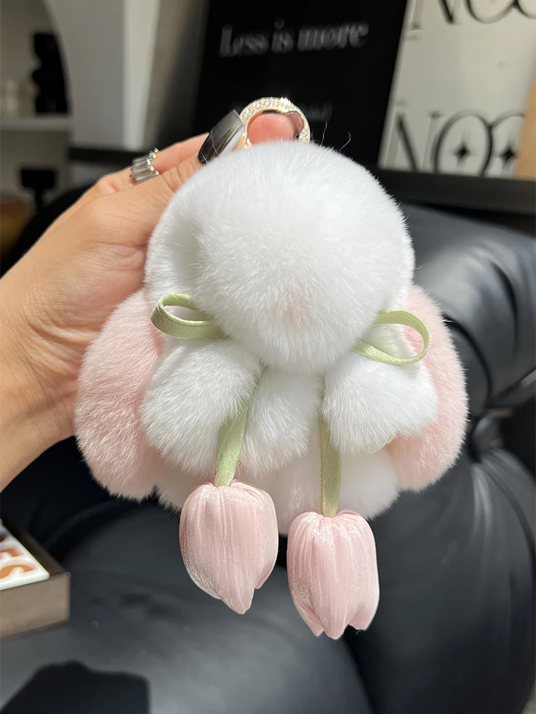 Cute Real Rex Rabbit Fur Keychain Mini Bunny Pendant Women Bag Charm Car Key Ring Ornaments Girl Plush Toy Trinkets Classic Gift