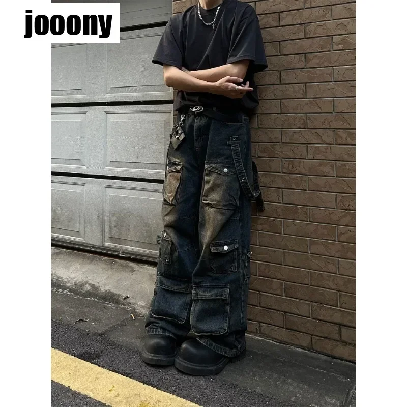 جينز ريترو متعدد الجيوب لعام 2024 للرجال مخصص هاراجوكو شعور متقدم فضفاض مستقيم الساق سراويل هيب هوب جينز فضفاض