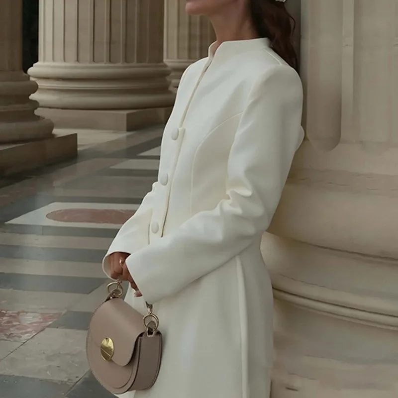 솔리드 싱글 브레스티드 A라인 미니 드레스 우아한 여성용 V넥 긴팔 하이웨이스트 베스티도 여성 출퇴근 스트리트 가운