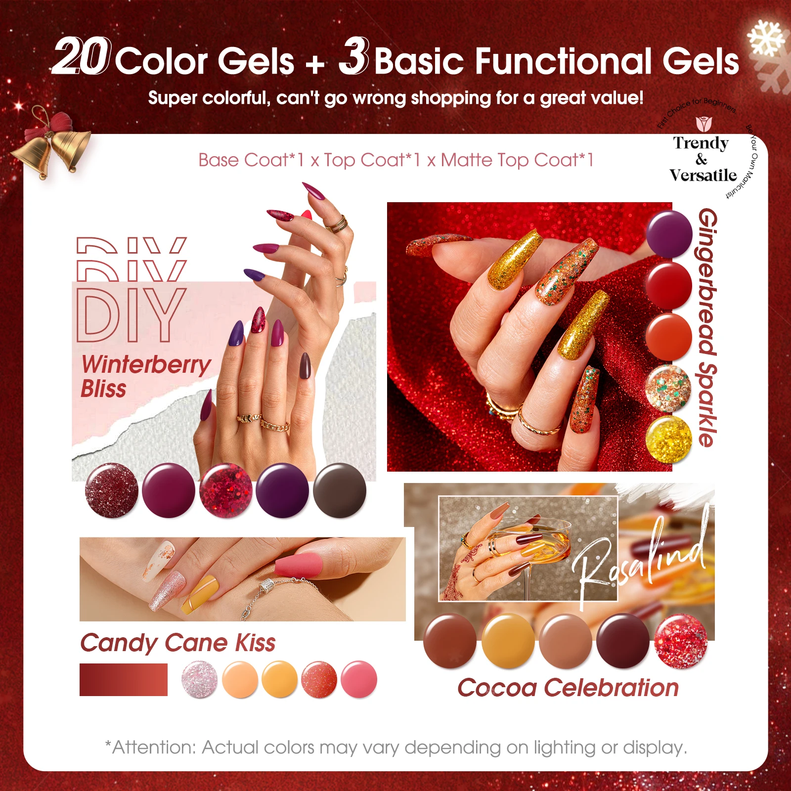 ROSALIND 20 + 3 STKS Gel Nagellak Set Kleurrijke Serie Gel Polish Set met Glanzende & Matte Top Base Coat DIY Thuis Manicure Benodigdheden