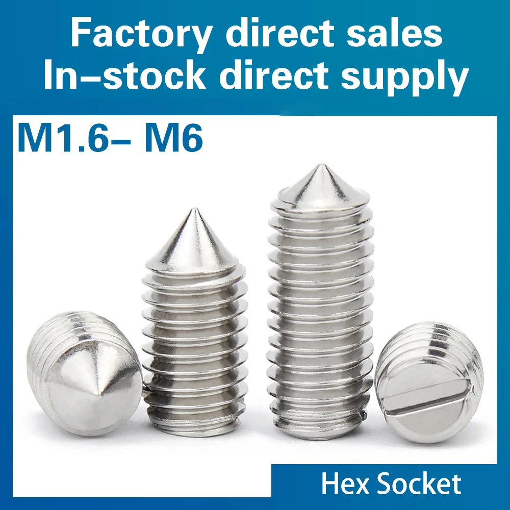 10pcs/lot Stainless Steel Slotted Head Cone Point Grub Set Screw M1.6 M2 M2.5 M3 M4 M5 M6 Tapered End Headless Bolt