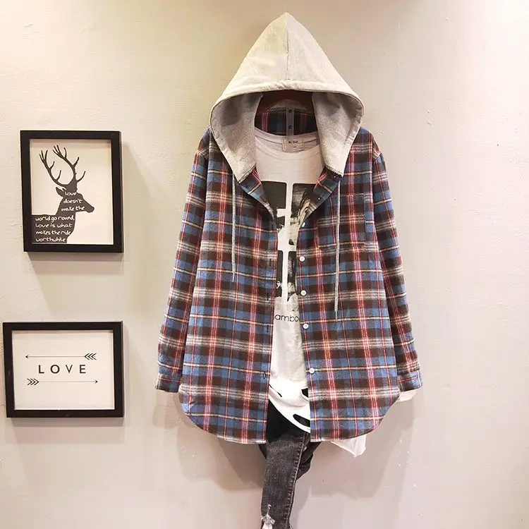 

Plaid Shirts Hooded Shirts for Women Vintage Blouse Casual Loose Long Sleeve Checker Shirt Drawstring Female Outerwear Tops D209