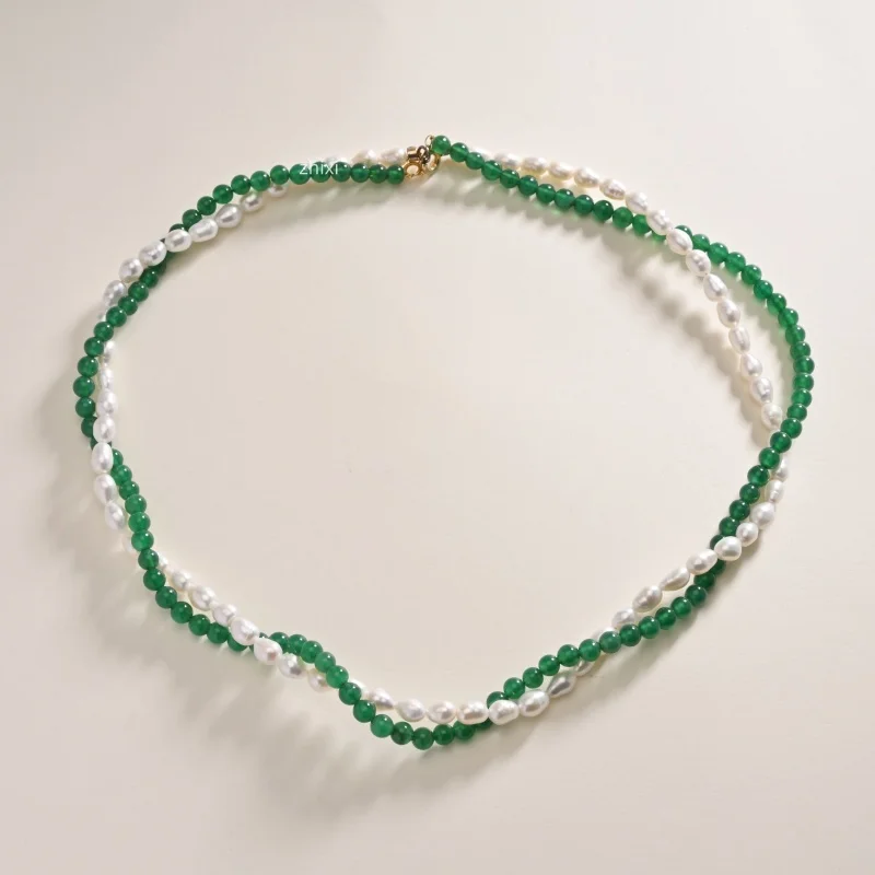 

Natrual freshwater pearl neckalce green jade Fine Jewelry Double layered fashion wedding party gift for women X1006