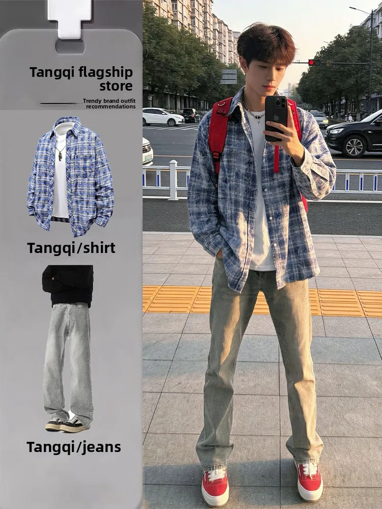 

American Retro Tie Dye Plaid Shirt Set Men's Spring Autumn Long Sleeve Denim Straight Leg Jeans Casual Style Loose Fit Shirt