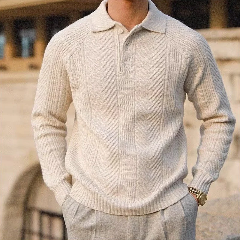 

Fashionable Textured Knitwear Sweater Men Button Turn-Down Collar Pullover Jumper Autumn Winter Versatile Business Sweaters Knit