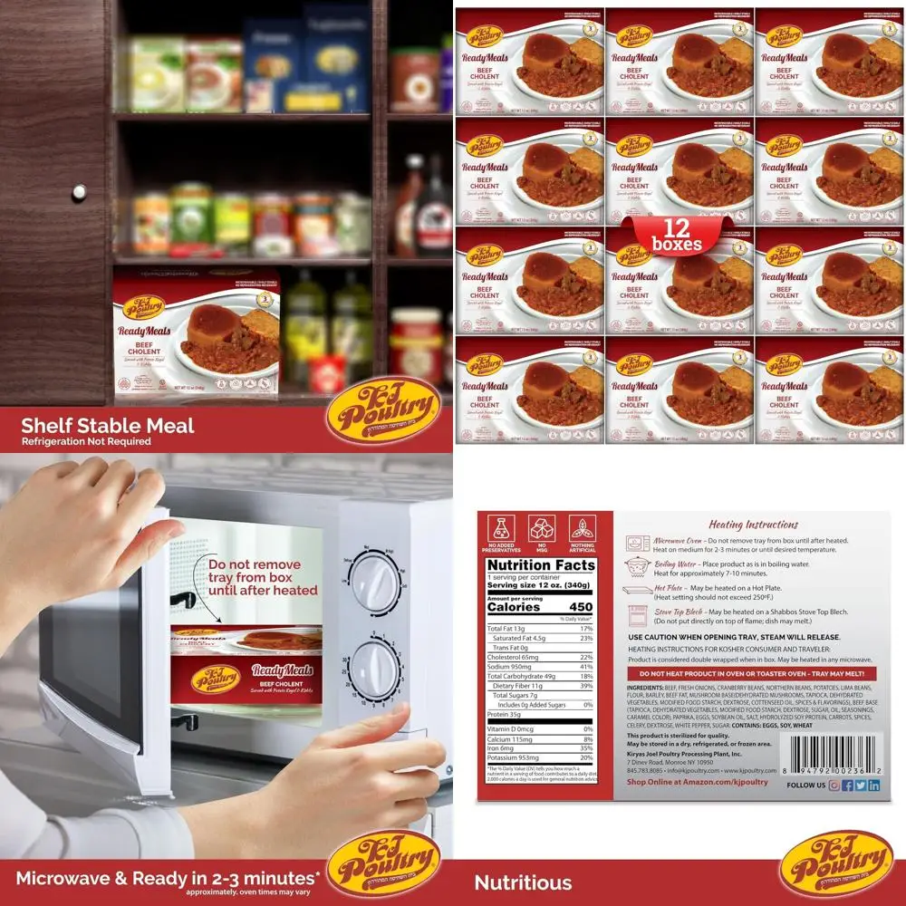 

Kosher Ready Meals - Beef Chulent & Kugel, MRE Meat Meals Ready to Eat, Shabbos Food (12 Pack) Prepared Entree Fully Cooked, She