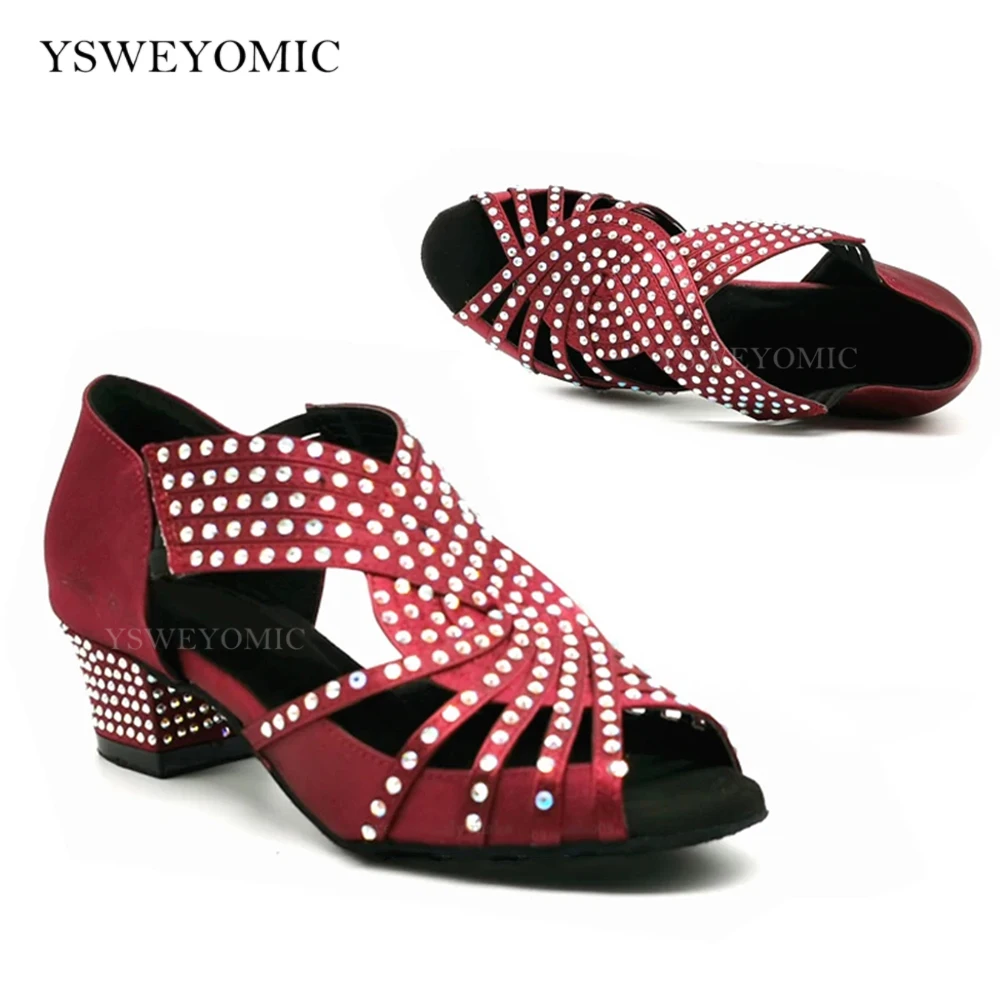 YSWEYOMIC Customized Strass Women Latin Ballroom Dance Shoes in Low Heel 4cm Printing Logo As free