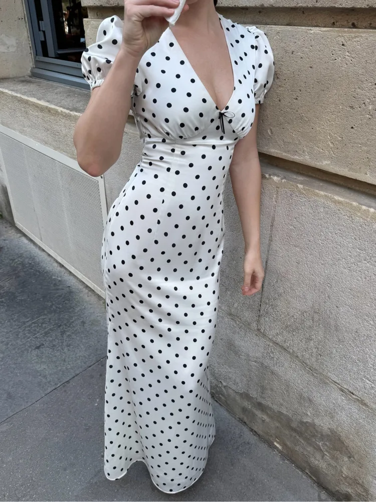 Articat elegante cetim bodycon festa clube vestido de noite feminino sexy com decote em v bolinhas vestido longo fino vestido formal 2025 verão novo