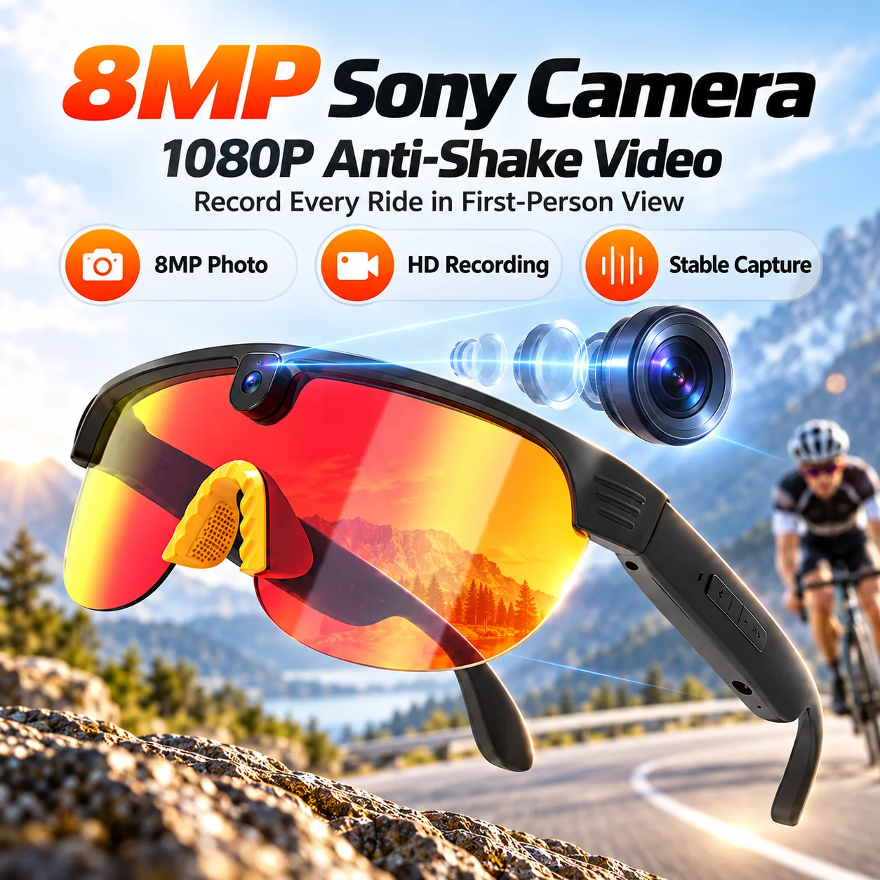 Smart Camera Cycling Glasses 8MP 1080P AI Translator Open Ear Bluetooth Audio Voice Control 32GB Outdoor Sports Glasses