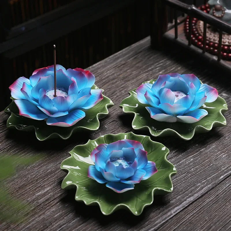 Y Handmade Large Lotus Flower Incense Burner Multi-Color Line Incense Holder Tea Room Office Home Decoration Buddha Home Decor