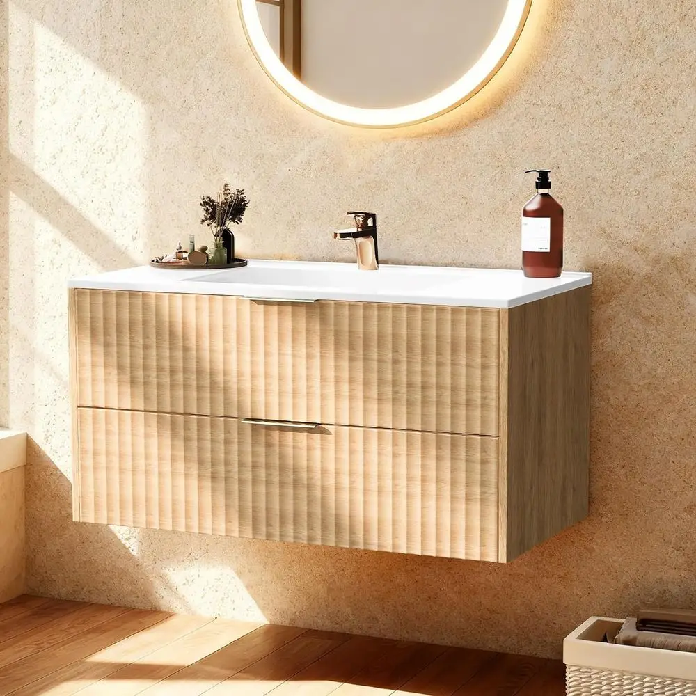 36 Inch Bathroom Vanity with Sink, ern loating Bathroom Vanity with Resin Sink, 2 Large Storage wers, Wood Grain Texture Wall Mo