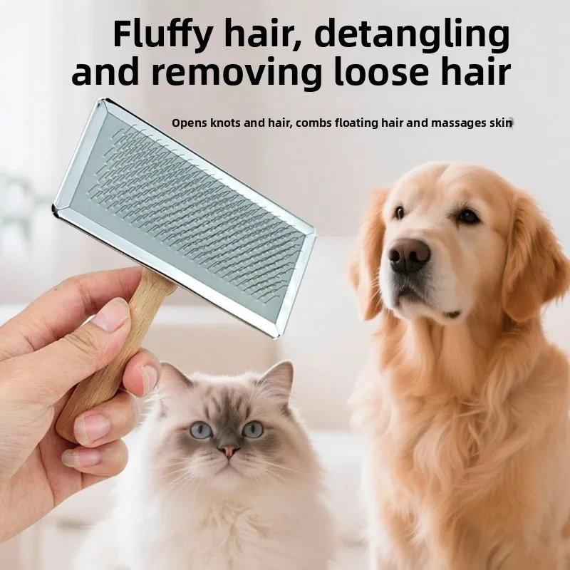 Pet Slicker Brush Bamboo Wood Handle Dematting Comb Dog Cat Grooming Tool Detangle Fluffy Coat Remove Loose Hair 13mm Pins
