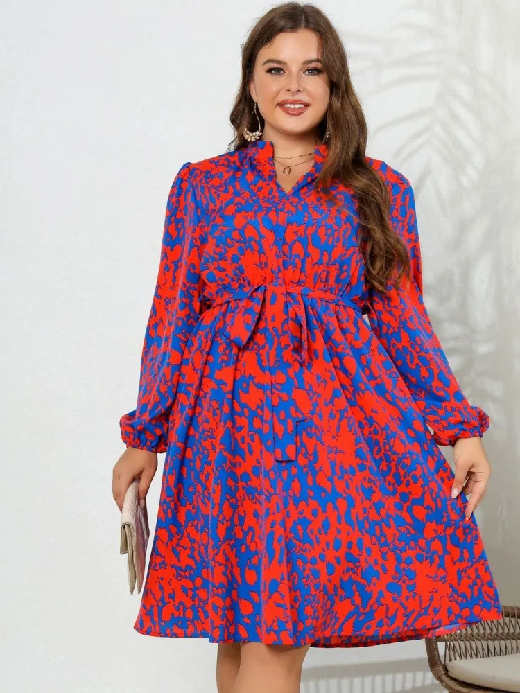 Elegant Casual Women Dress Autumn New Fashion Printed V-Neck Long Sleeve Big Size A-line Dress Cute Clothes Vestidos Mujer