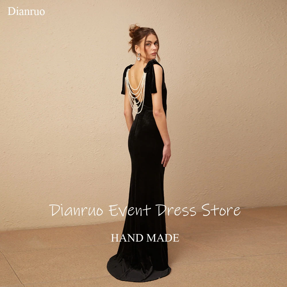 Dianruo Vintage Backless V Neck Evening Dress Back Pearls Maxi Vestidos De Fiesta Black Velvet Abiti Da Cerimonia Customized #1