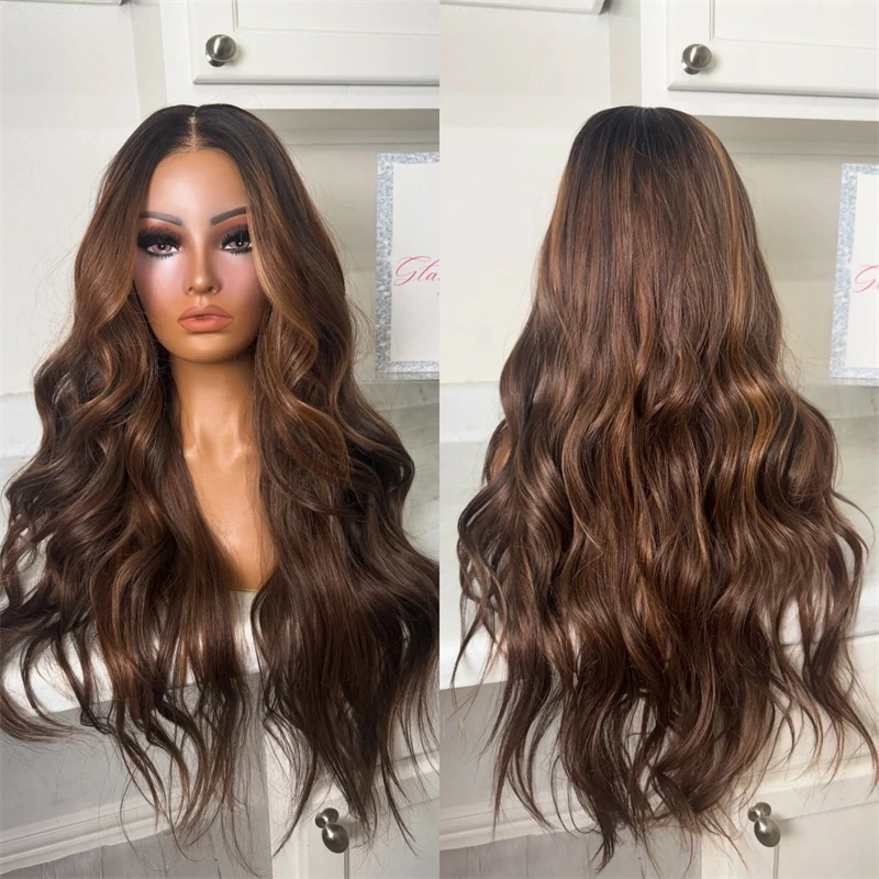 

28-дюймовый Ombre Honey Brown HD парик фронта шнурка предварительно выщипанный предварительно выщипанный с детскими волосами синтетический HD кружевной бесклеевой парик вечерние косплей