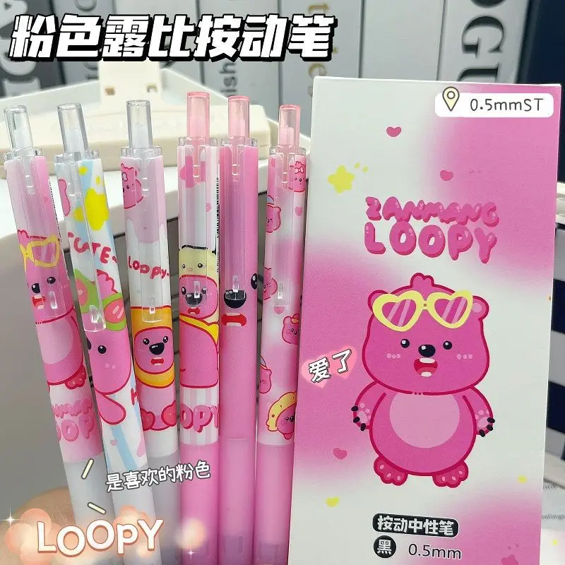 6Pcs Kawaii Loopy Little Beaver Neutral Pen Pressing Pen St Nib 0.5Mm Black Quick Drying Smooth Writing Stationery Girls Gift