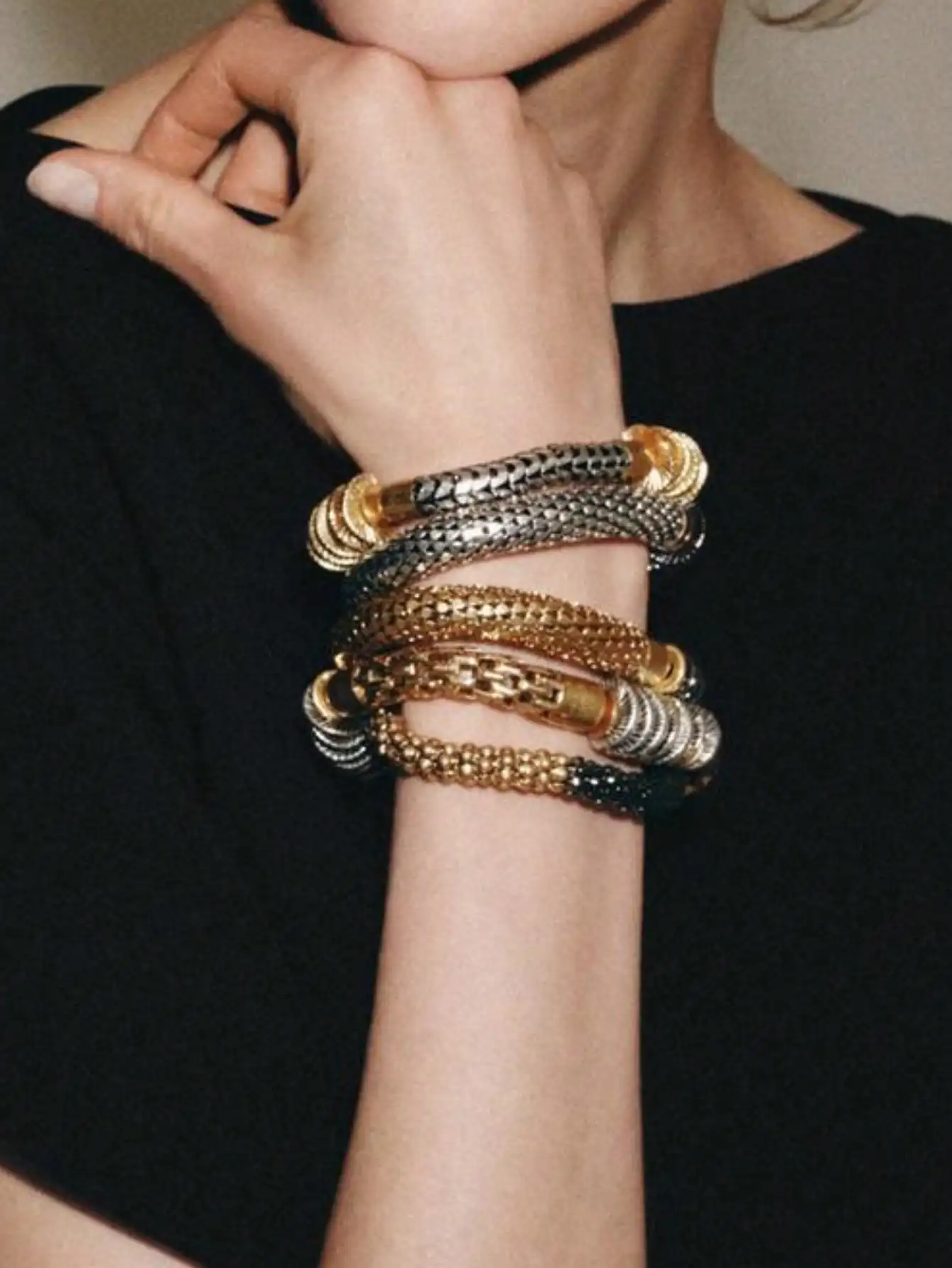 Vintage Punk Color-Block Spliced Bracelet Set Geometric Metal Beaded Bracelet Multi-Layer Elasticelet Versatile Vacation Jewelry