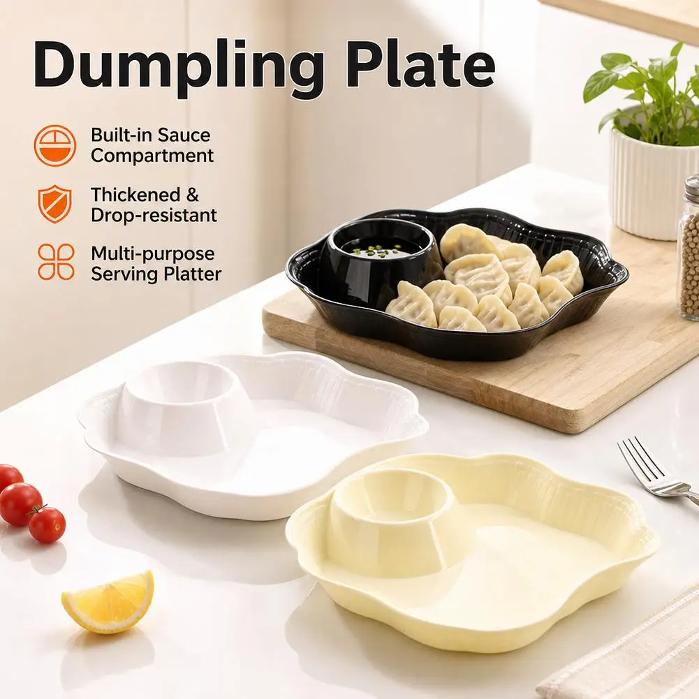 Plastic Dumpling Plate With Sauce Compartment Thickened Divided Serving Platter For French Fries Snacks Restaurant Tableware