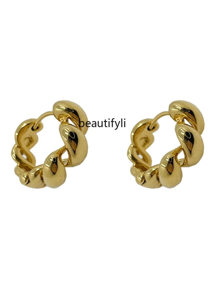 Electroplated 18K gold s925 silver needle hollow twist ear buckle light luxury premium earrings