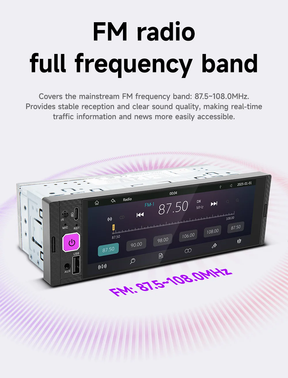 BQCC 6.28'' 1Din Car Radio BT FM 7-Color LED Lights 33W Type-C Wireless CarPlay Android Auto Multimedia Player