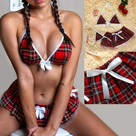 Sexy Cosplay Lingerie Student Uniform Schoolgirls Erotic Costume Girl's Red Plaid Miniskirt Suit Bra Sexy Skirt Thongs Women