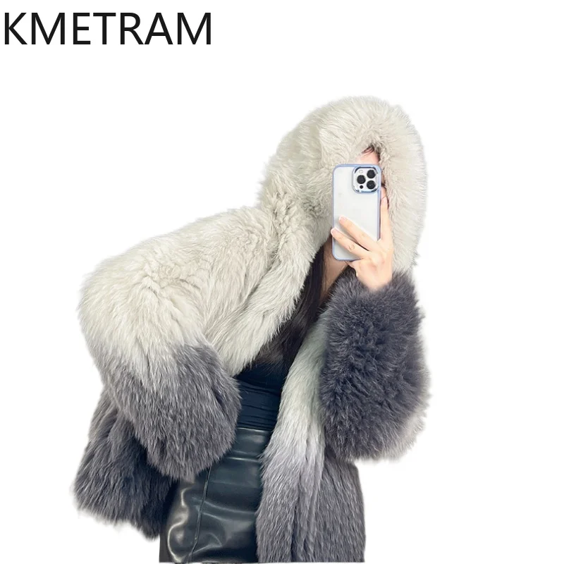 Natural Fox Fur Coat Women Double-sided Woven Real Fur Jacket with Hood Winter Woman Clothing 2025 Fashion Furry Jackets шуба
